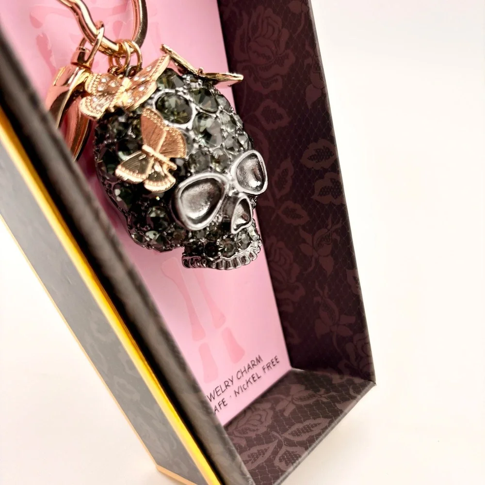 Betsey Johnson Crystal Skull Butterfly Jewelry Bag Charm Keychain Halloween